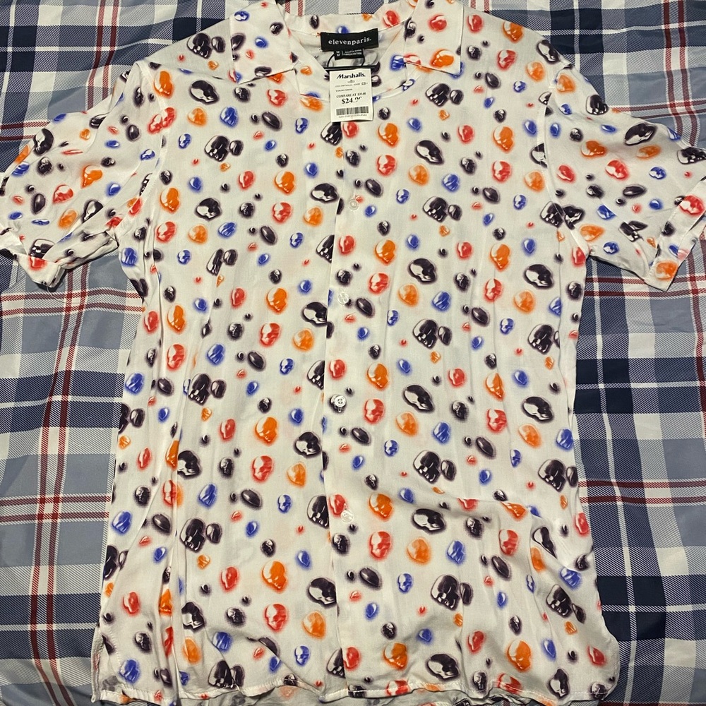 Eleven Paris White and Orange Casual Button Down Shirt